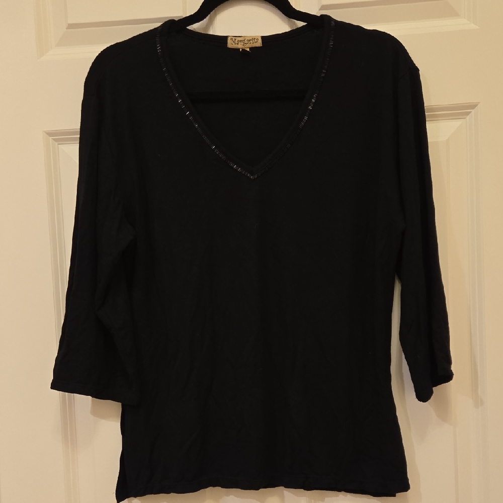 Margarita Black Sequin Trim V-Neck Top Sz XL